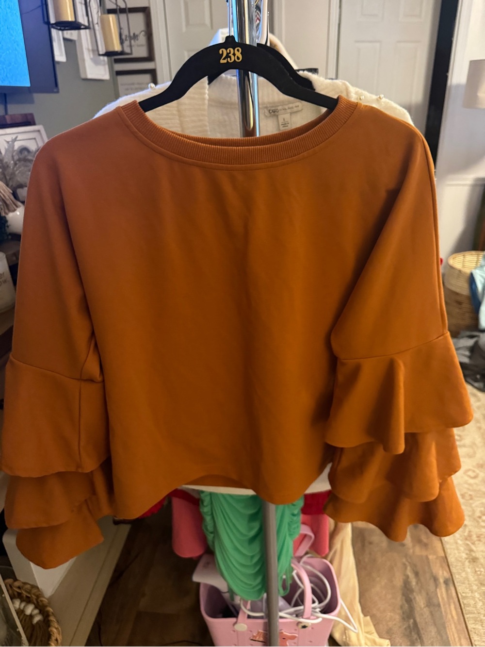SHEIN Rust Brown Tiered Bell Sleeve Top Size Medium Boho Fall Blouse